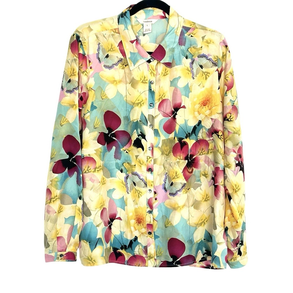 Sundance Blouse 100% Silk Yellow Floral Watercolor Lighweight Button Up Boho